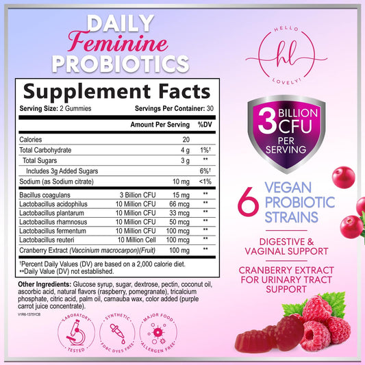 Cranberry-infused feminine health probiotic gummies on white background