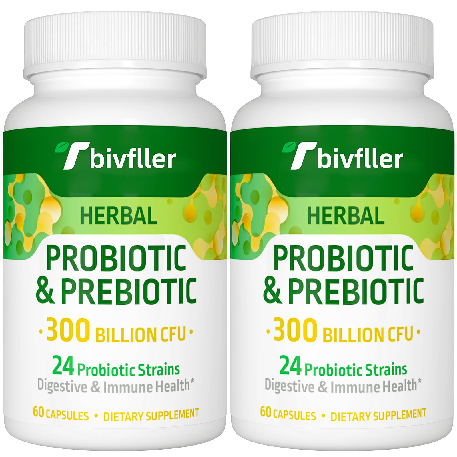 Front view of probiotic bottle labeled 300B CFU with 24 strains