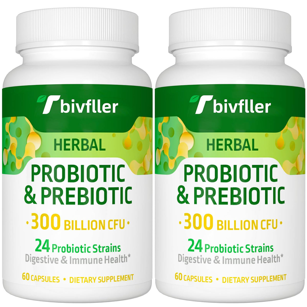 Front view of probiotic bottle labeled 300B CFU with 24 strains