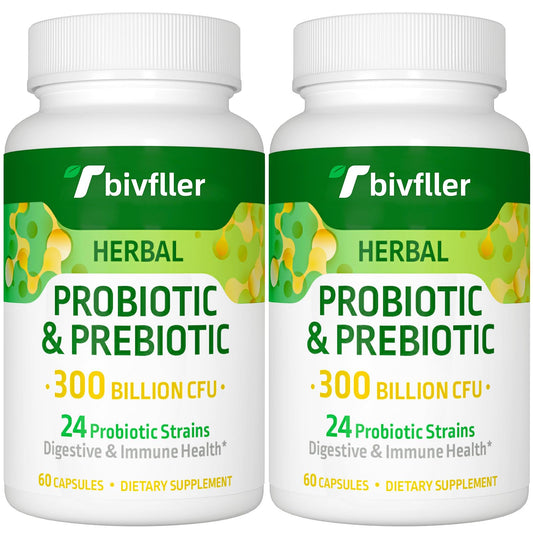 Front view of probiotic bottle labeled 300B CFU with 24 strains