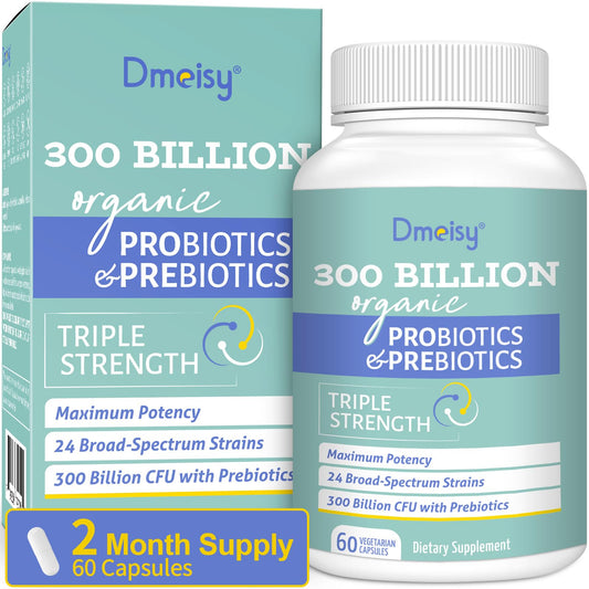 Probiotic bottle label showing 300B CFU and 24 strains