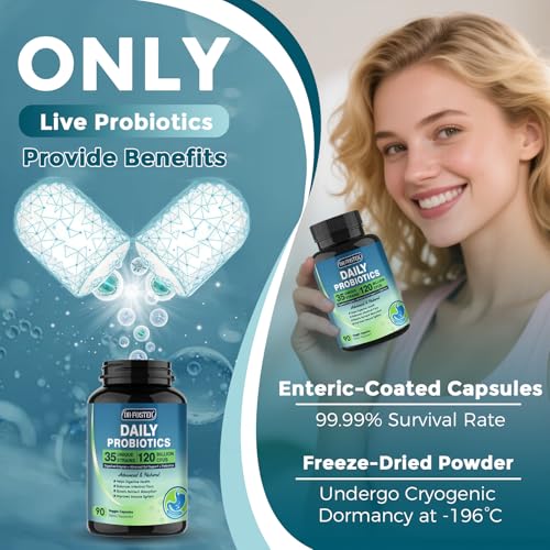 Close-up of enteric-coated probiotic capsules