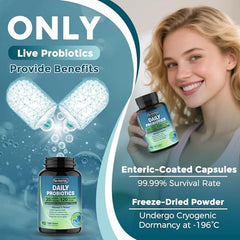 Close-up of enteric-coated probiotic capsules