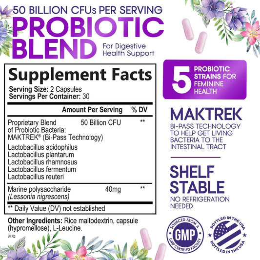 Label highlighting 50 Billion CFU and 5 strains on the probiotic bottle