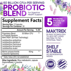Label highlighting 50 Billion CFU and 5 strains on the probiotic bottle