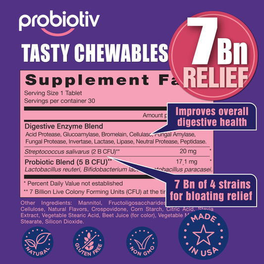Probiotiv 7B CFU chewable tablet close-up highlighting probiotic strength.