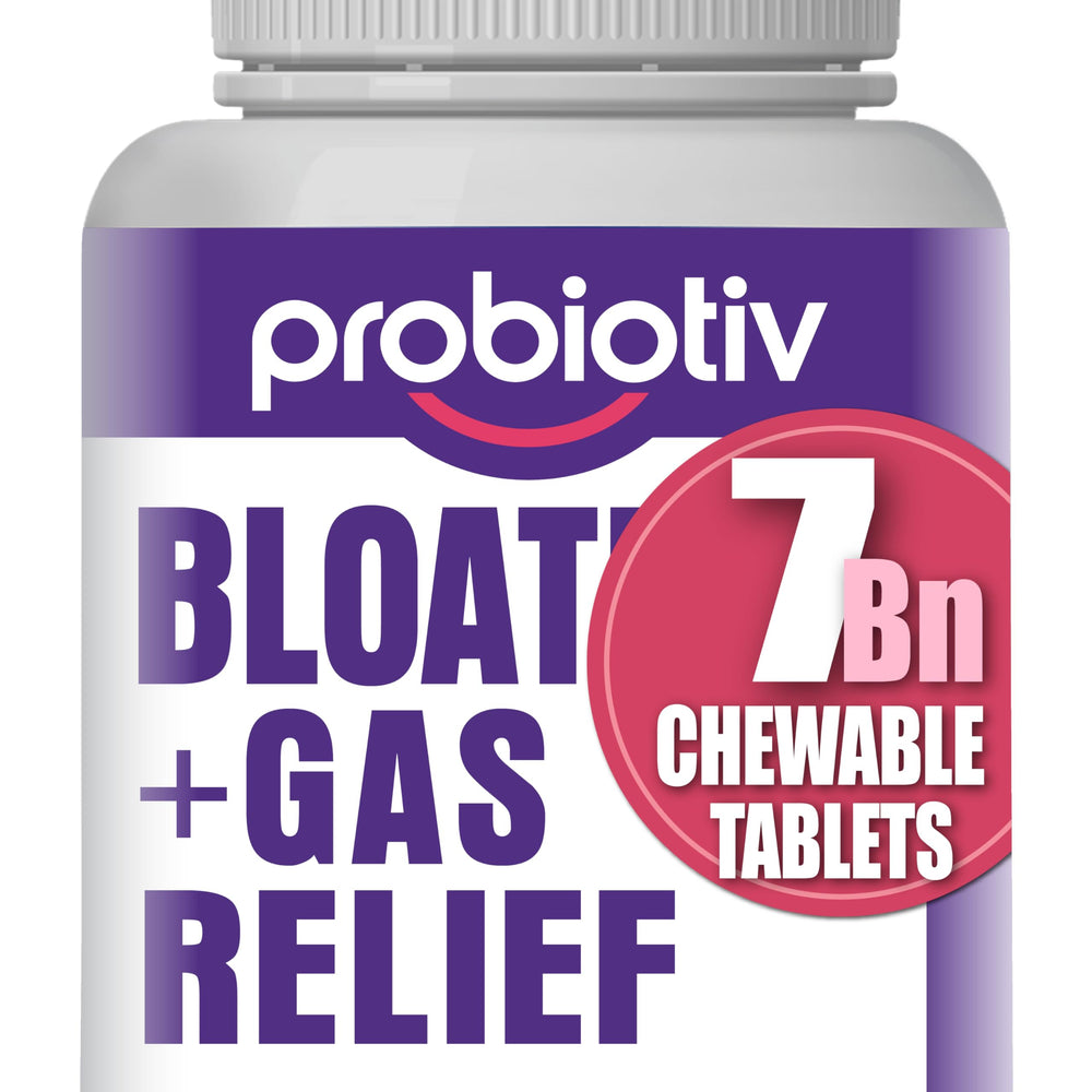 Probiotiv gas-bloating chewable strawberry tablet for daily gut comfort.