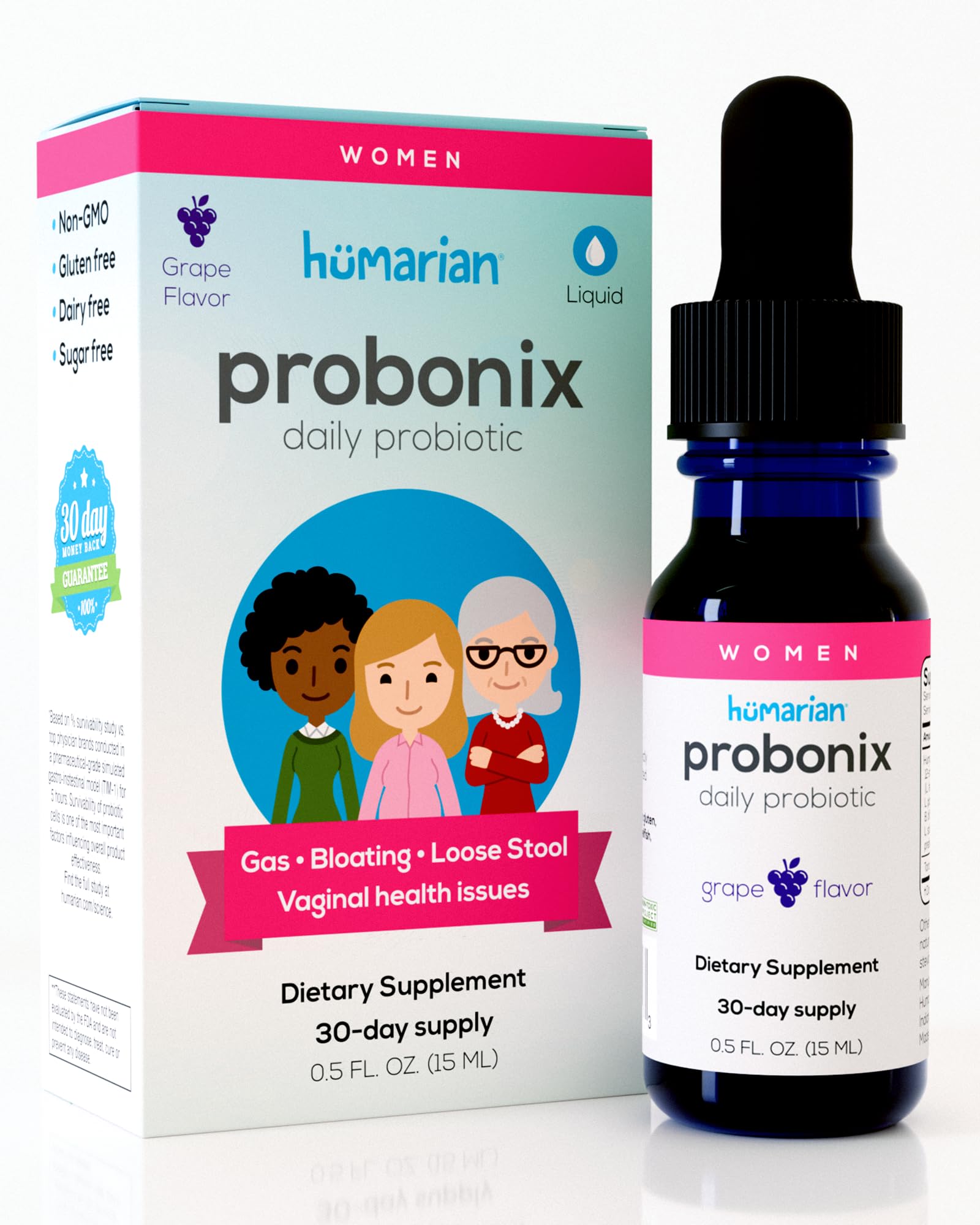 Probonix Humarian liquid probiotics for women bottle with grape flavor supporting gut and vaginal health.