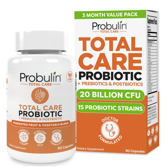 Probulin Total Care bottle with 90-count vegan probiotic capsules