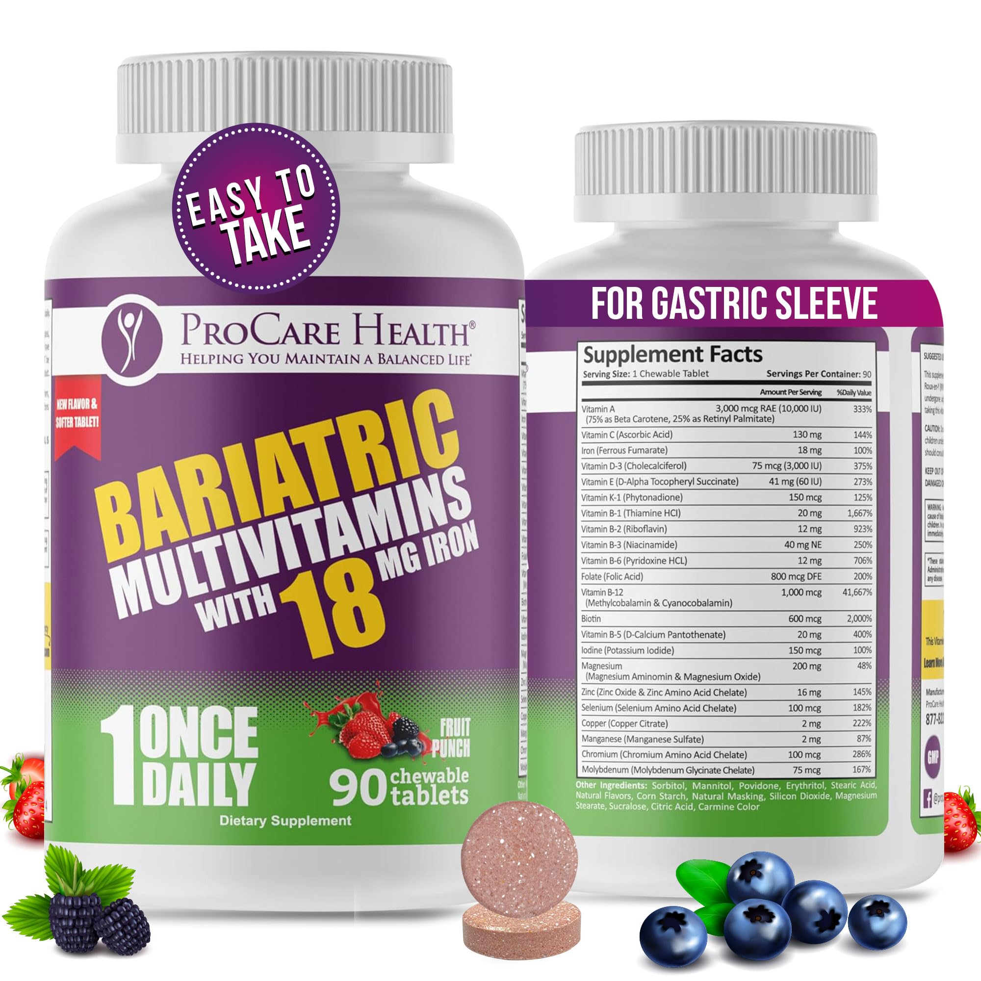 ProCare Health bariatric chewable multivitamin fruit punch flavor bottle