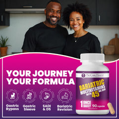 Side view of ProCare Health bariatric multivitamin bottle emphasizes 45 mg iron content.