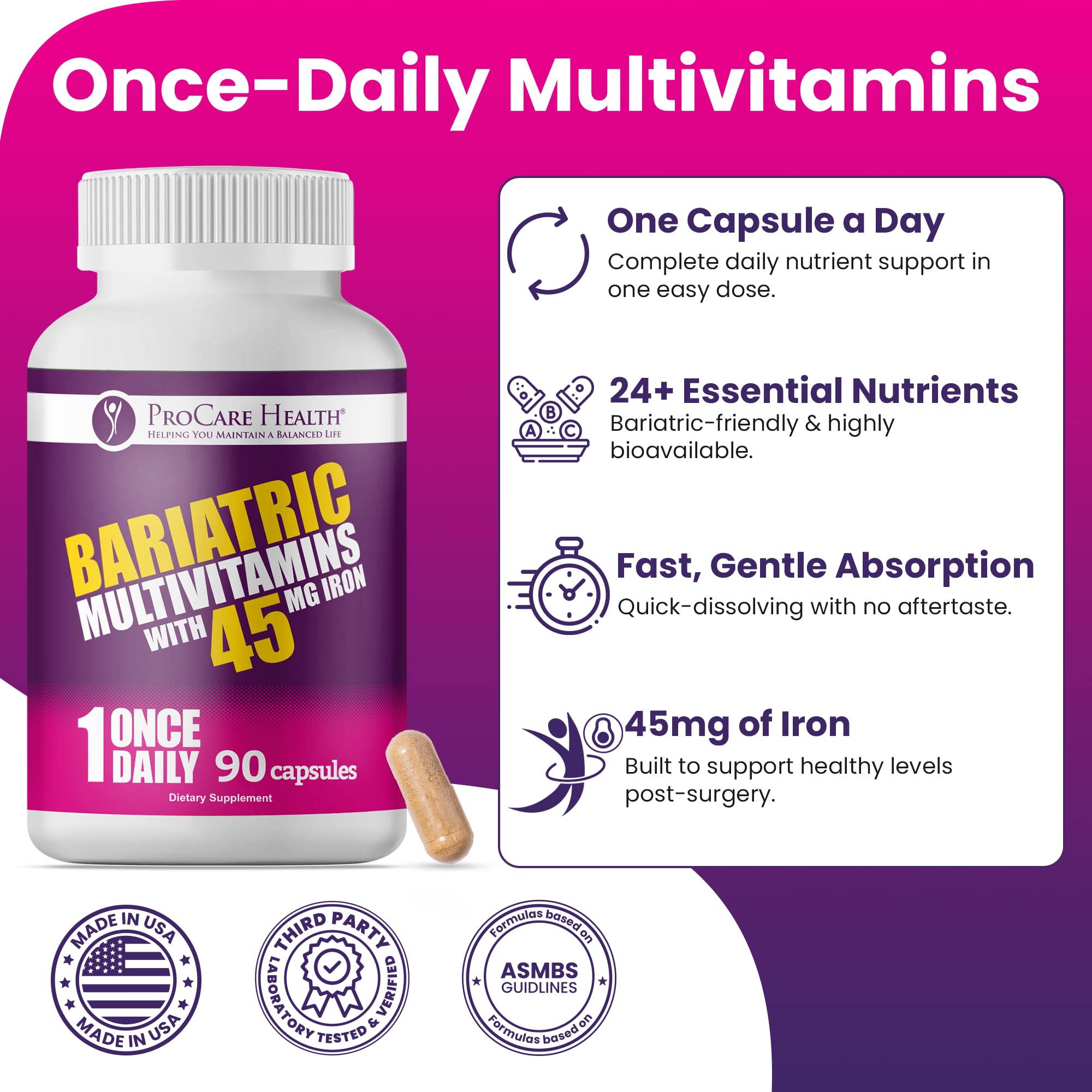 Hand holding ProCare Health bariatric multivitamin capsule ready to take.