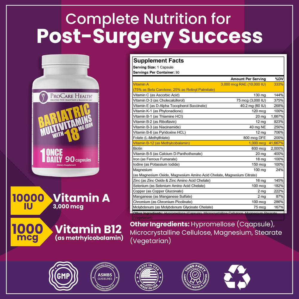 Front label of ProCare Health bariatric multivitamin showing nutrients