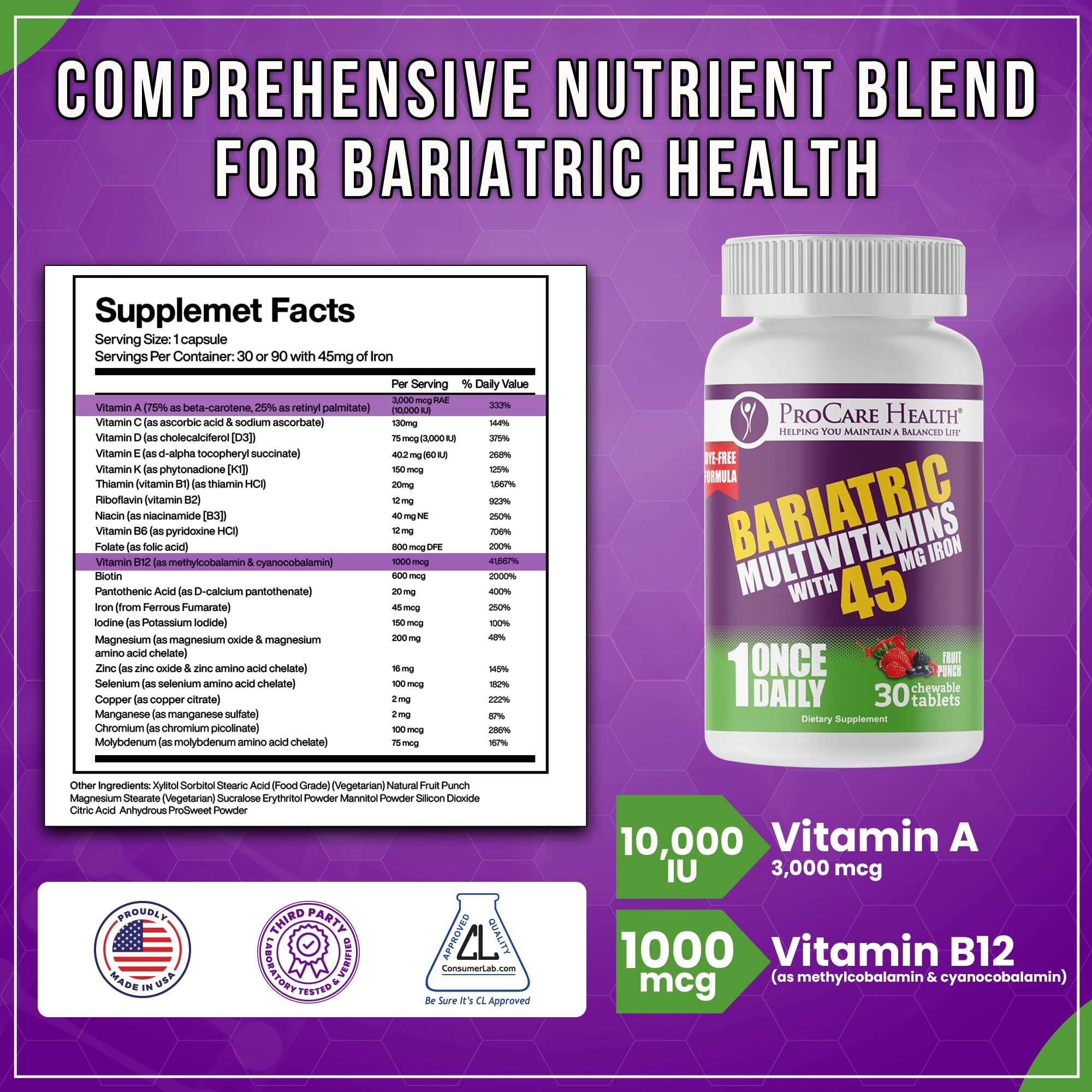 Front packaging view of ProCare Health Bariatric Multivitamin with Iron