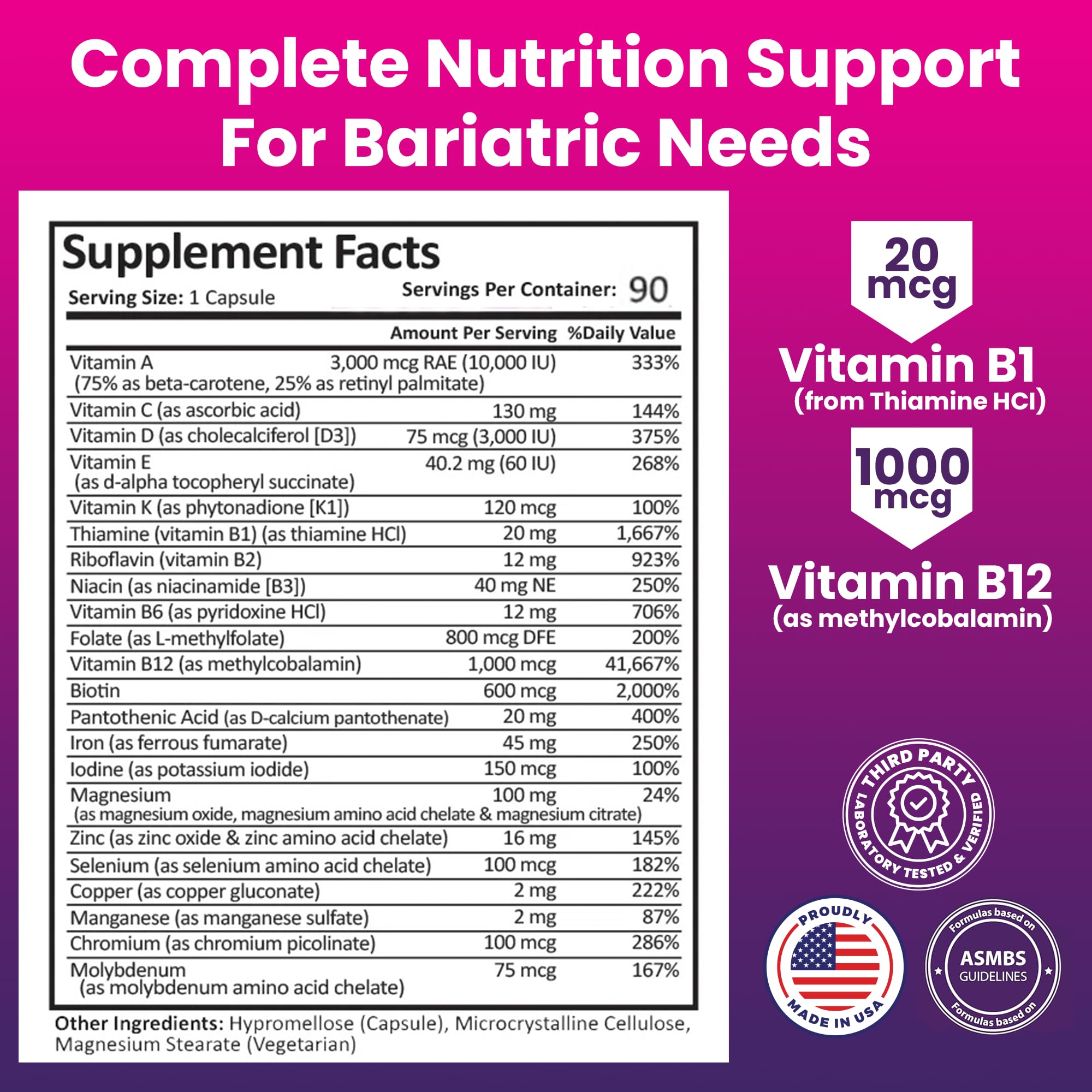 Label detail on ProCare Health bariatric multivitamin highlights gluten-free and no artificial colors.
