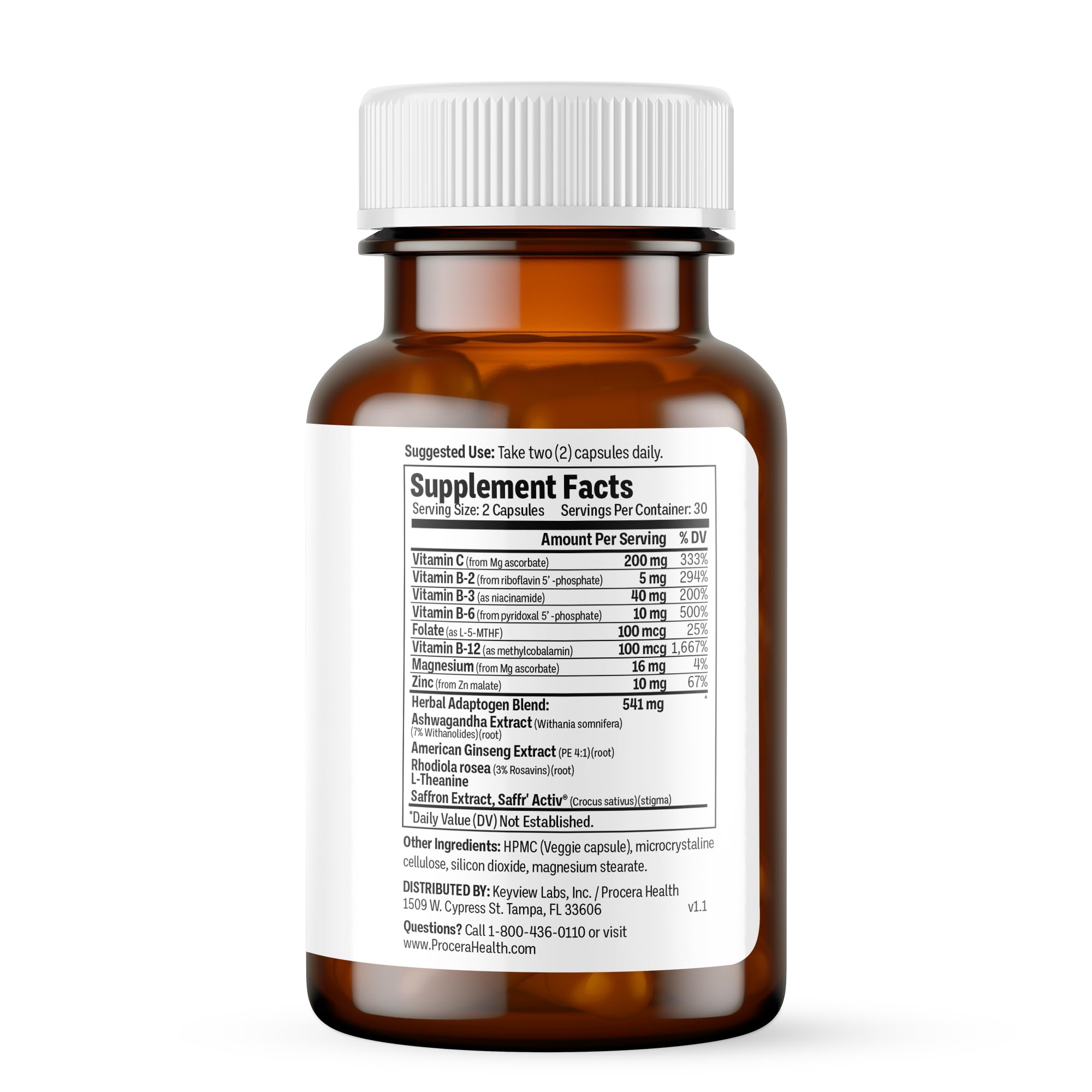 Close-up of Procera Mood Support bottle and capsules