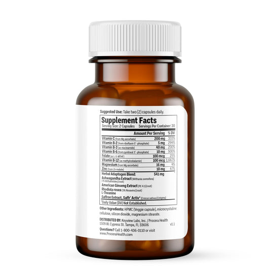 Close-up of Procera Mood Support bottle and capsules