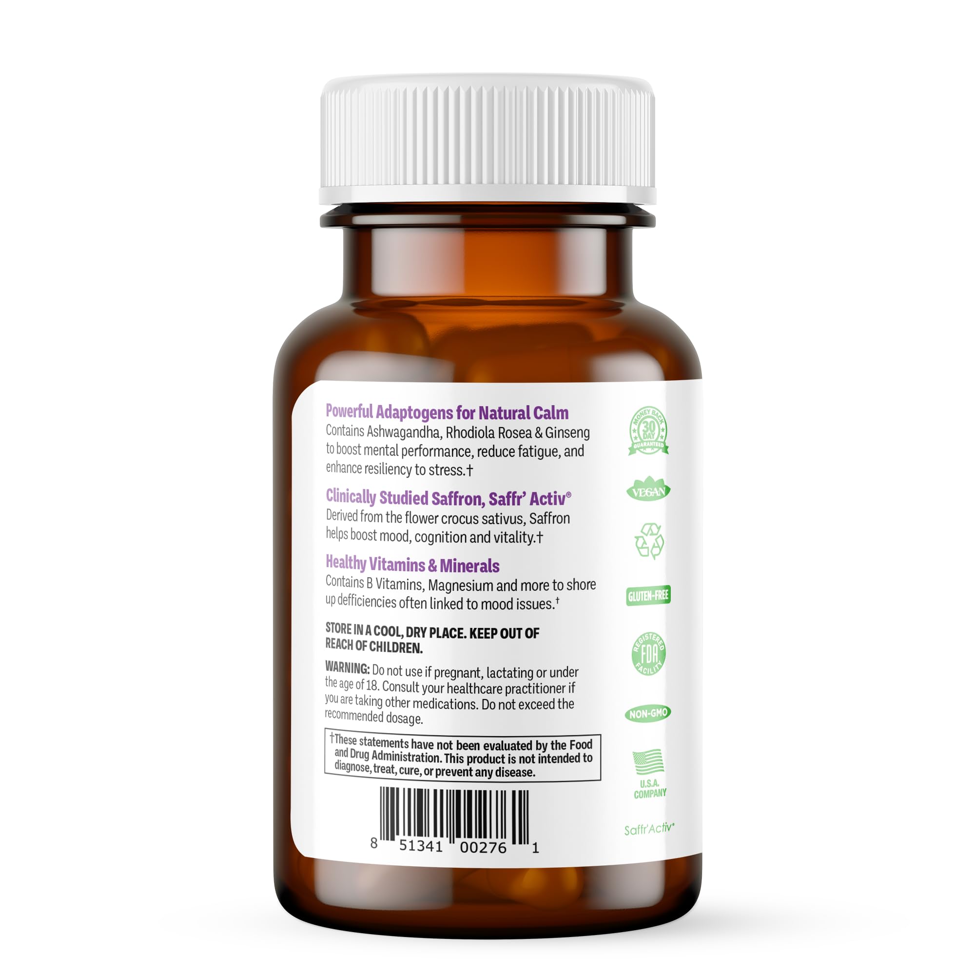 Saffron, ashwagandha, rhodiola and magnesium ingredients close-up