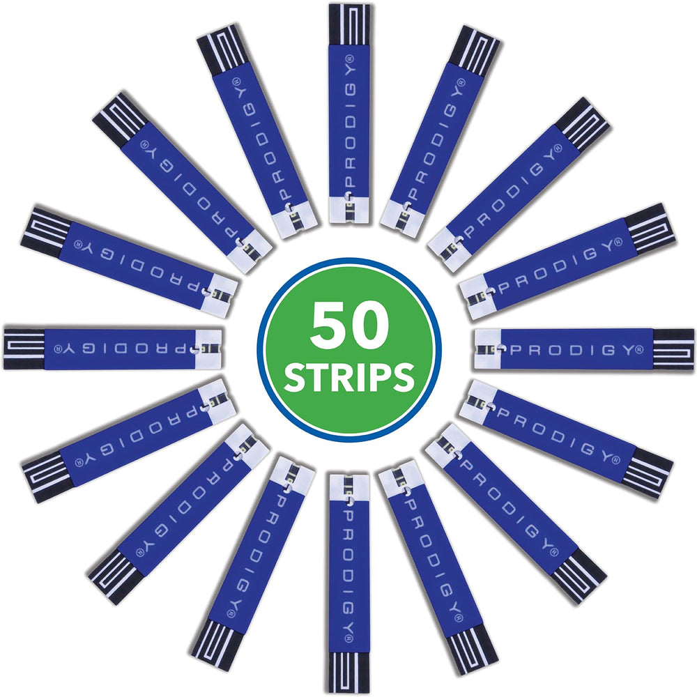 PRODIGY test strips beside compatible meters highlighting easy integration.