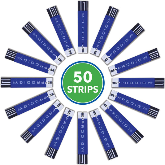 PRODIGY test strips beside compatible meters highlighting easy integration.