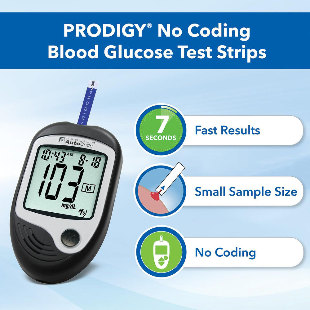 PRODIGY test strip showing tiny sample and quick 7-second results.