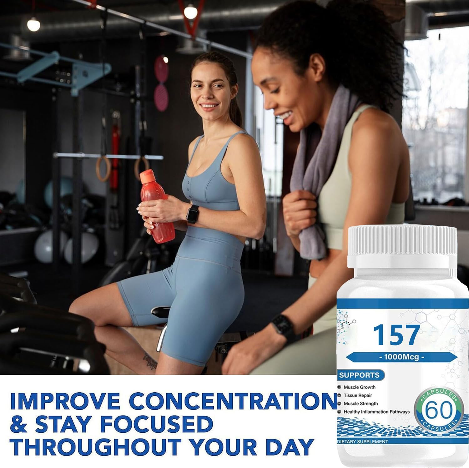 Front view of bottle with branding and 157 Capsules text