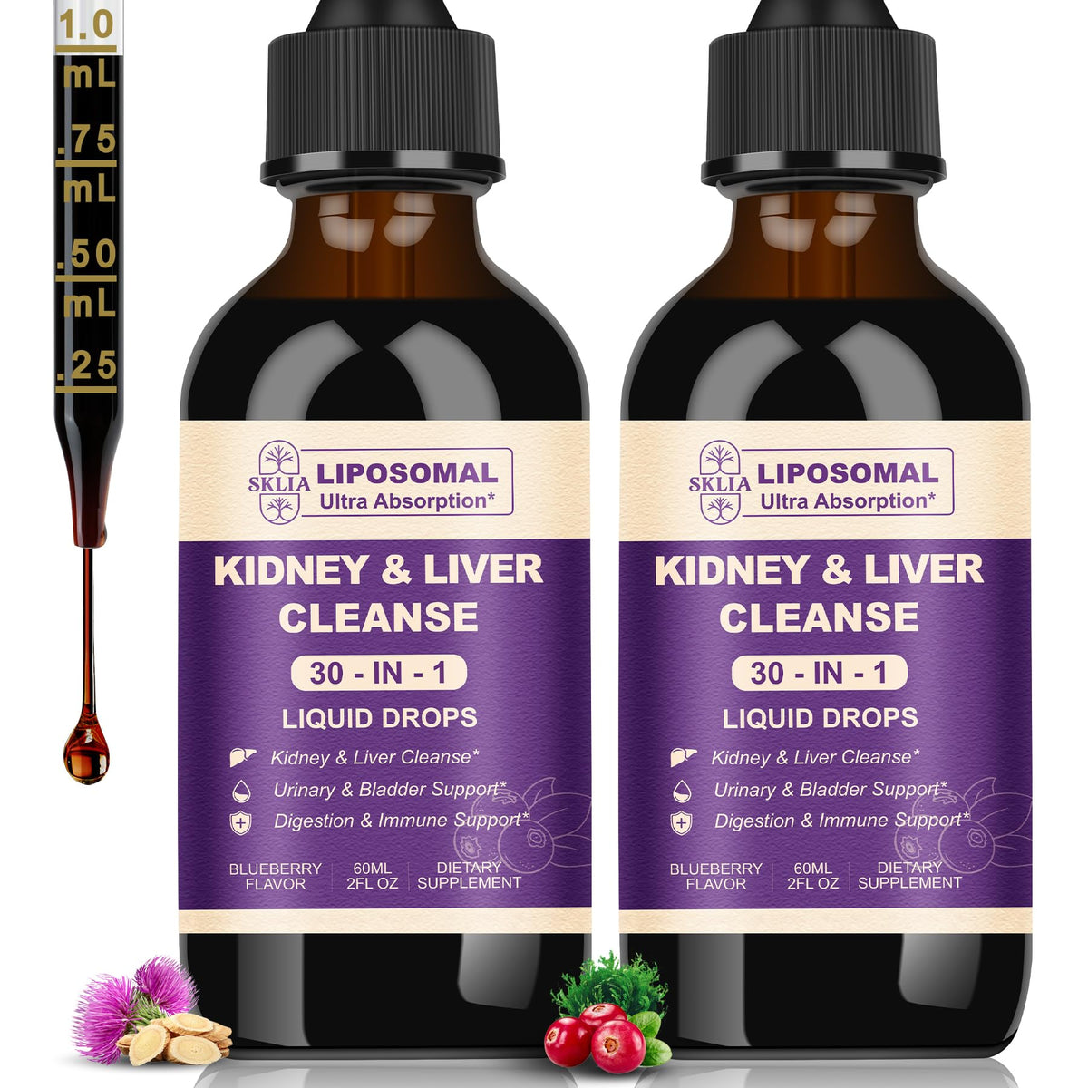 Front view of 2-pack blueberry-flavored 30-in-1 kidney and liver cleanse drops