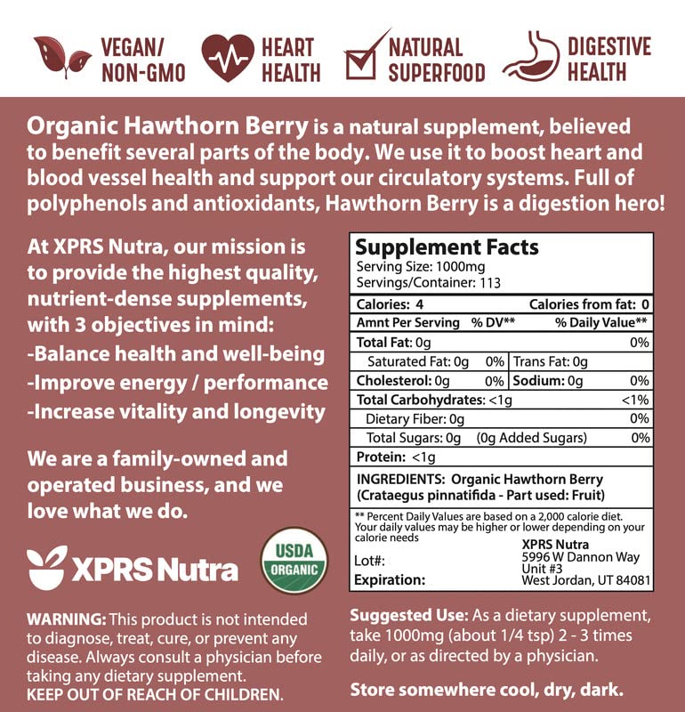 Hero shot of XPRS Nutra Organic Hawthorn Berry Powder package
