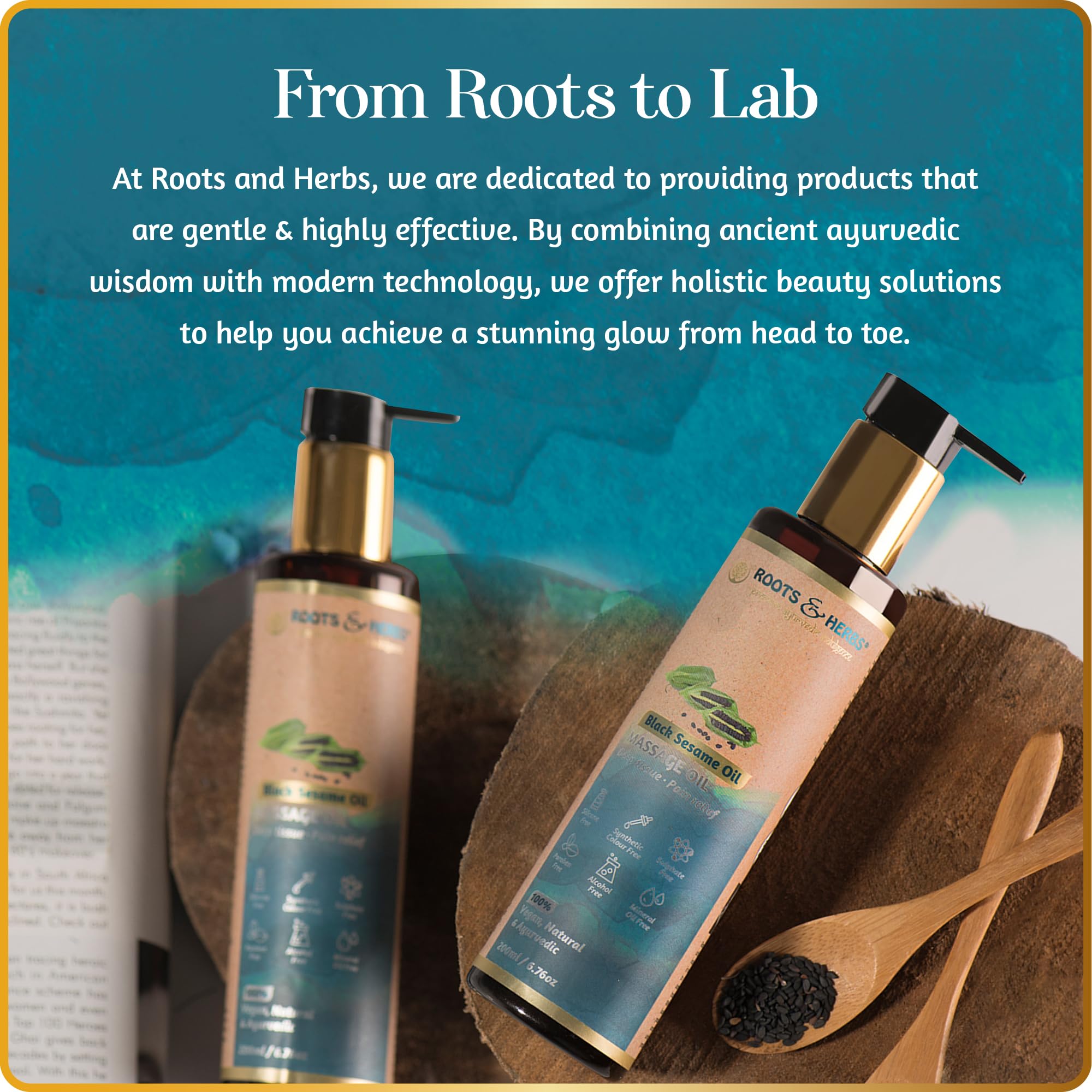 Product packaging laid out with bottle and herbs