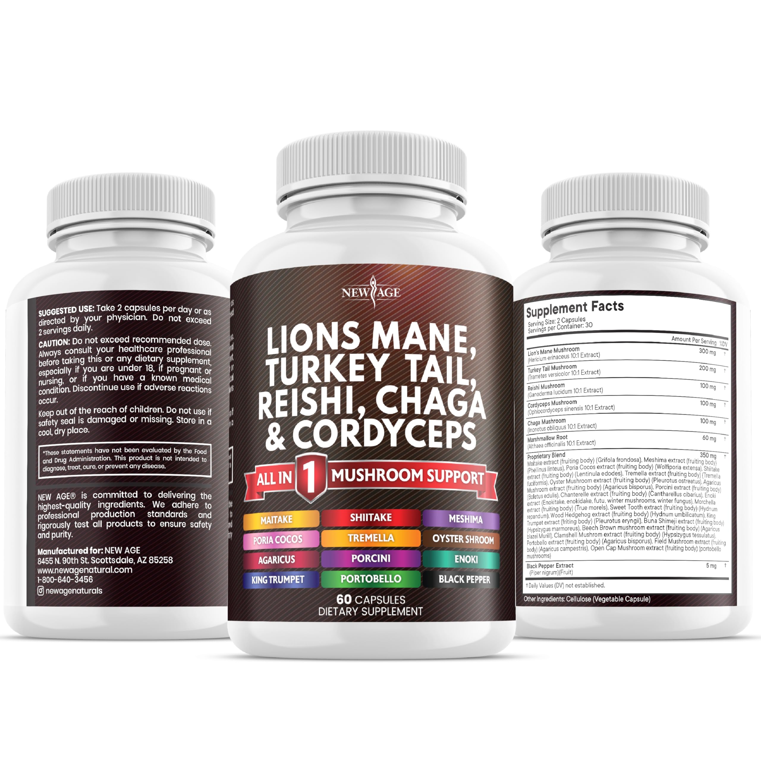 Front view of the New Age mushroom supplement packaging