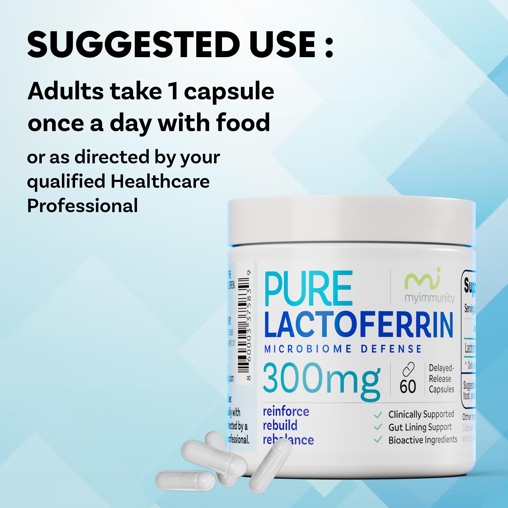 Product packaging shot of 60-capsule lactoferrin bottle