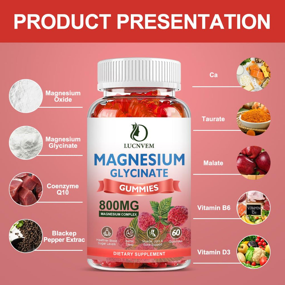 Product packaging for raspberry-flavored magnesium glycinate gummies (120 count)