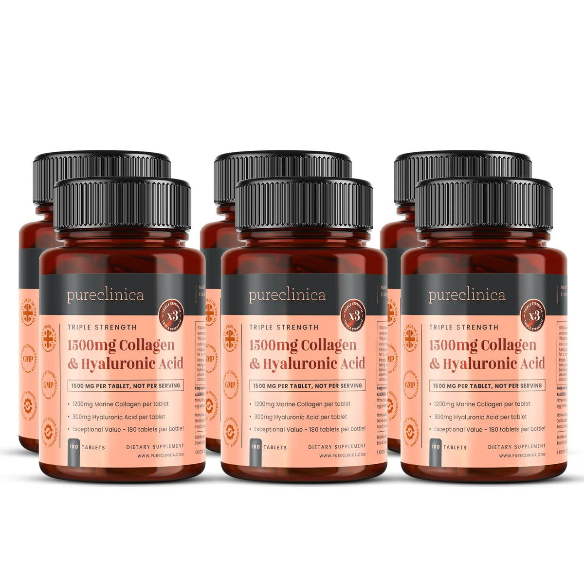 Product packshot showing six bottles and 1080 tablets (18 months supply)