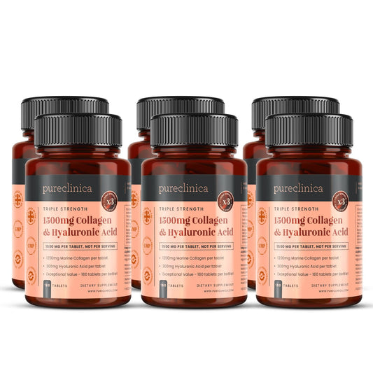 Product packshot showing six bottles and 1080 tablets (18 months supply)