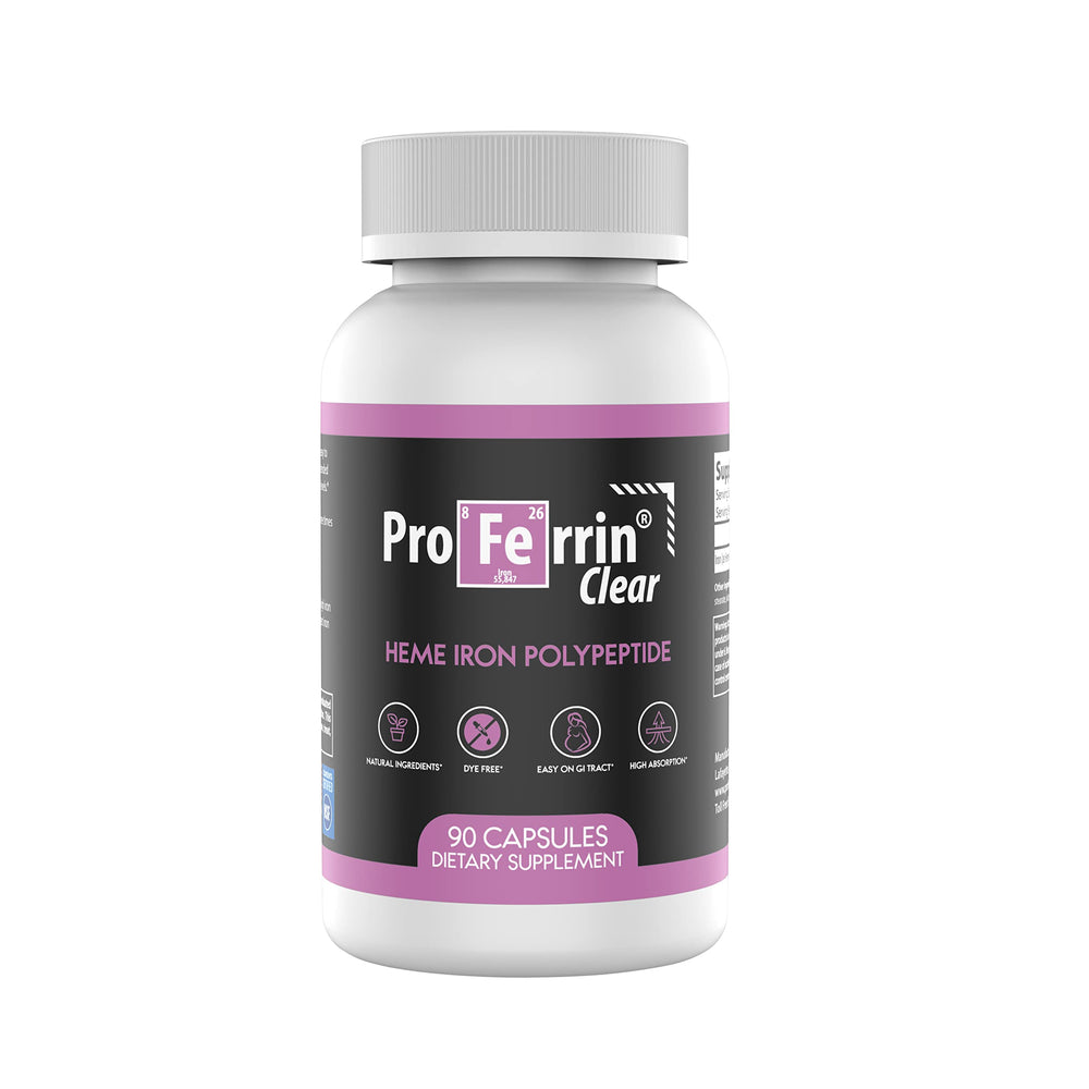 Proferrin Clear Heme Iron Supplement bottle and packaging, 90 capsules