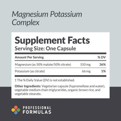 Close-up of Magnesium Potassium Complex capsules showing magnesium malate, magnesium citrate, and potassium citrate forms