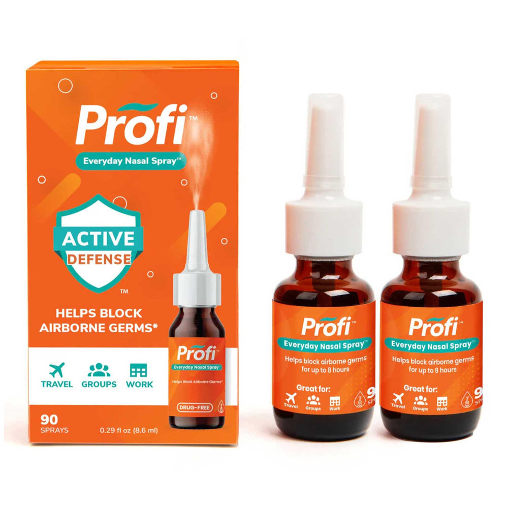 Profi Everyday Nasal Spray bottle in hand for travel protection against germs.