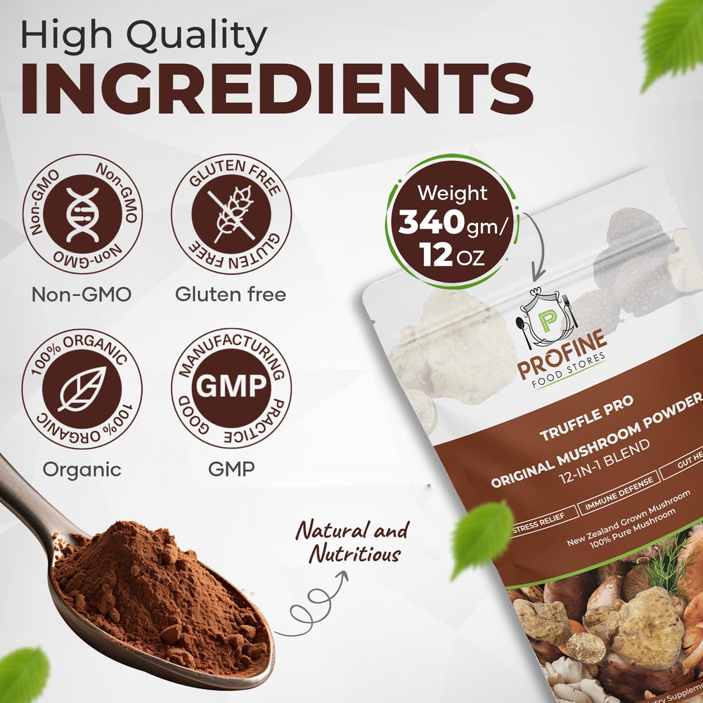 Ingredients of PROFINE organic mushroom blend featuring 12 mushrooms