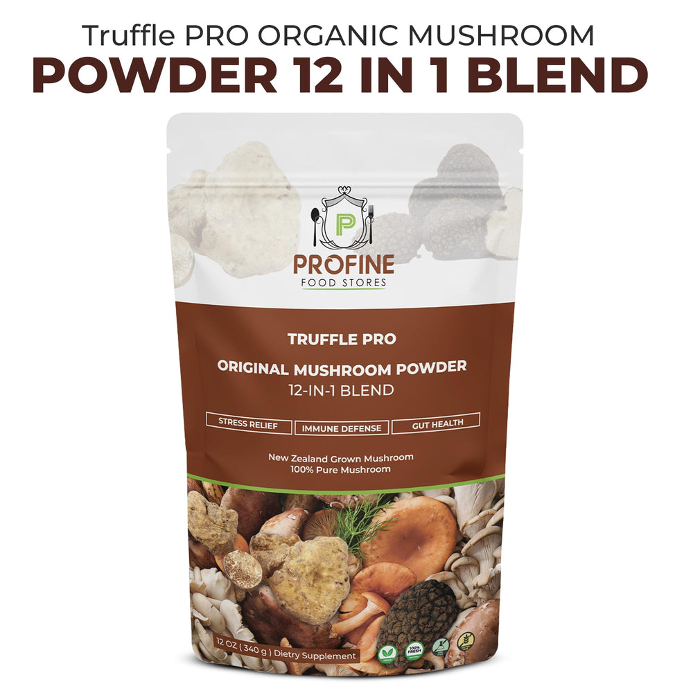 Back of PROFINE Truffle PRO Mushroom Powder 12-in-1 box with nutrition panel