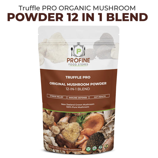 Back of PROFINE Truffle PRO Mushroom Powder 12-in-1 box with nutrition panel