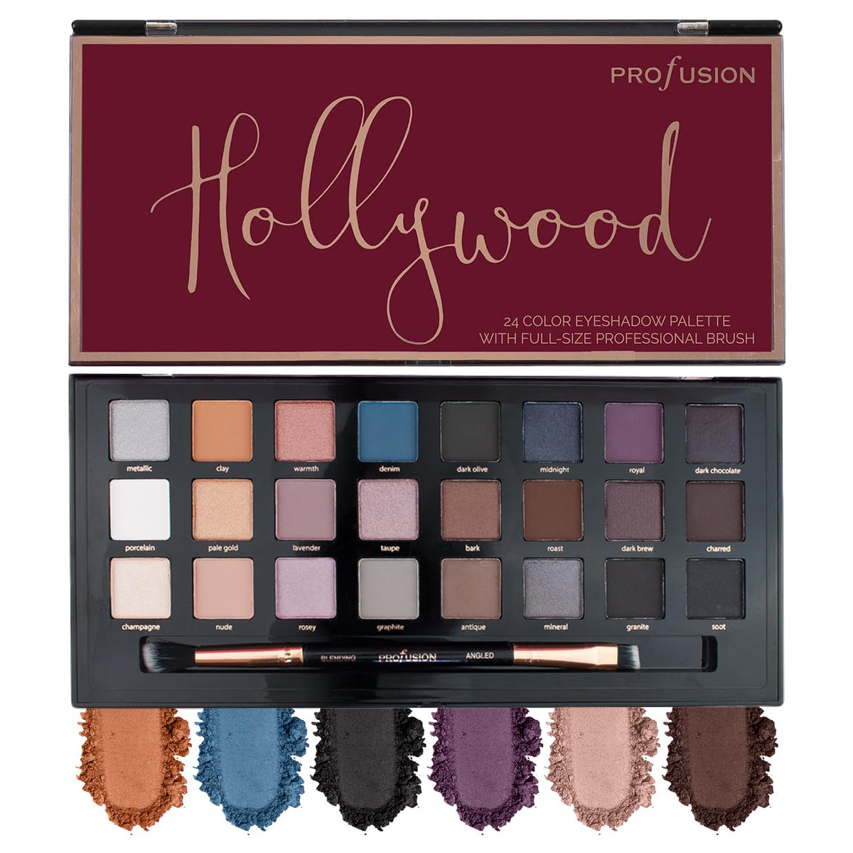 Profusion Hollywood 24 Shade Eyeshadow Palette open with vibrant matte, shimmer, and metallic shades for versatile looks.