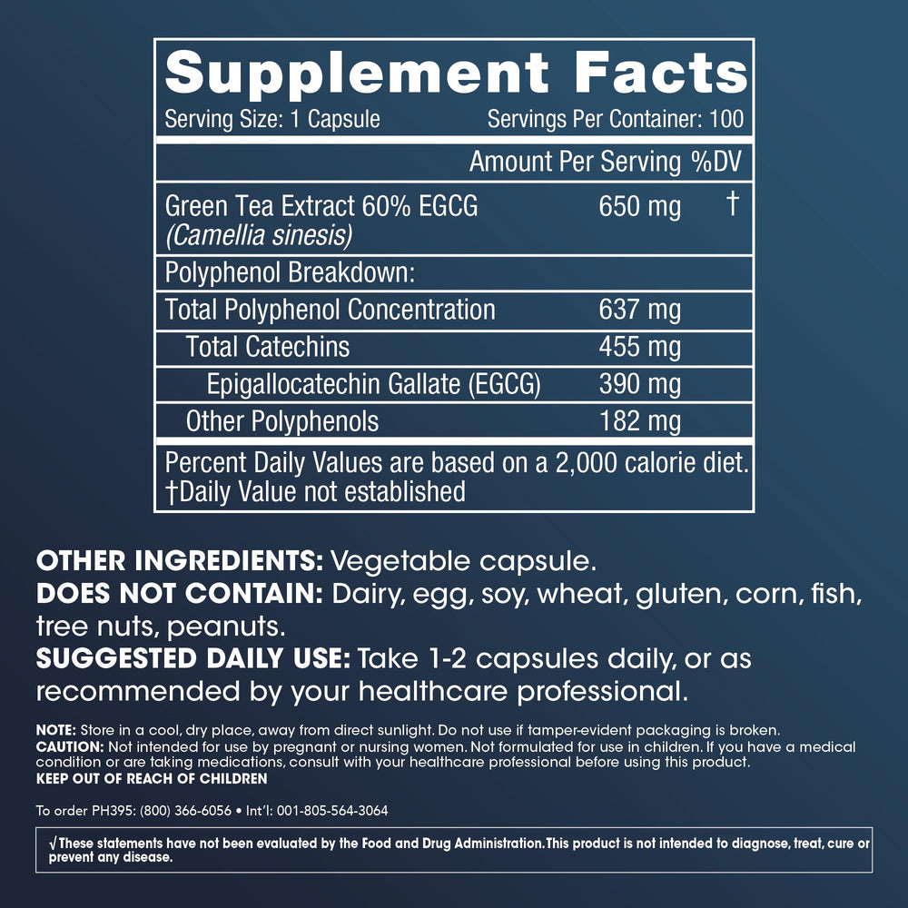 Close up of EGCG capsules showing 390 mg per capsule