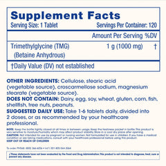 Nutrition label showing 1,000 mg Trimethylglycine (TMG) ingredients