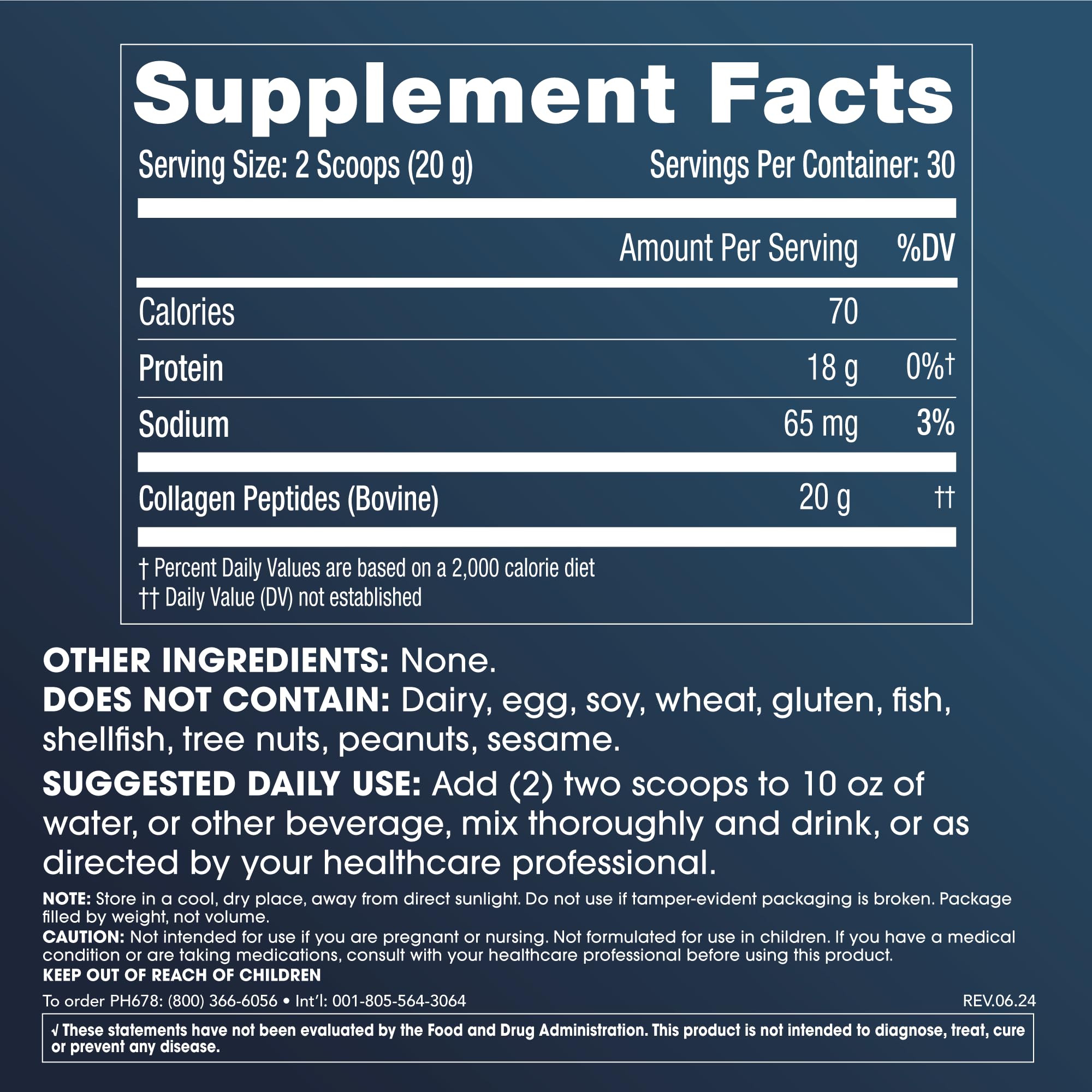 Nutritional information and ingredients for ProHealth Pure Collagen Peptides Powder 600g