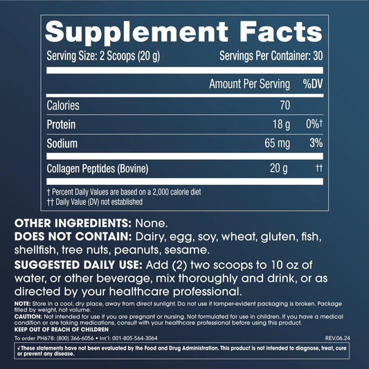 Nutritional information and ingredients for ProHealth Pure Collagen Peptides Powder 600g