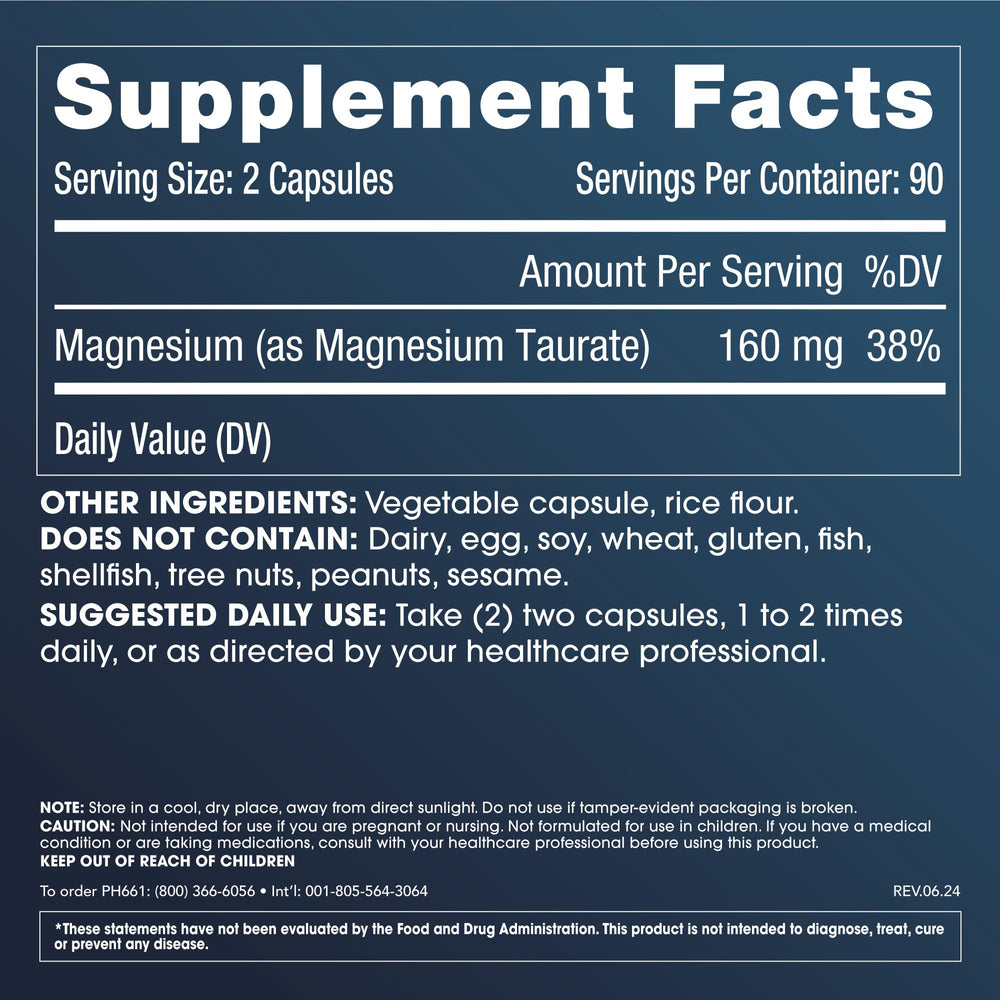 Nutrition facts label for ProHealth Pure Magnesium Taurate