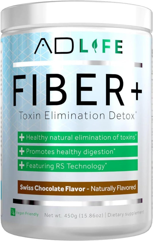 Project AD Fiber+ chocolate powder tub supports gut health and vegan-friendly fiber.