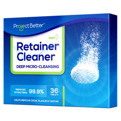 Front view of PROJECT BETTER Retainer Cleaner Tablets 36-count package.