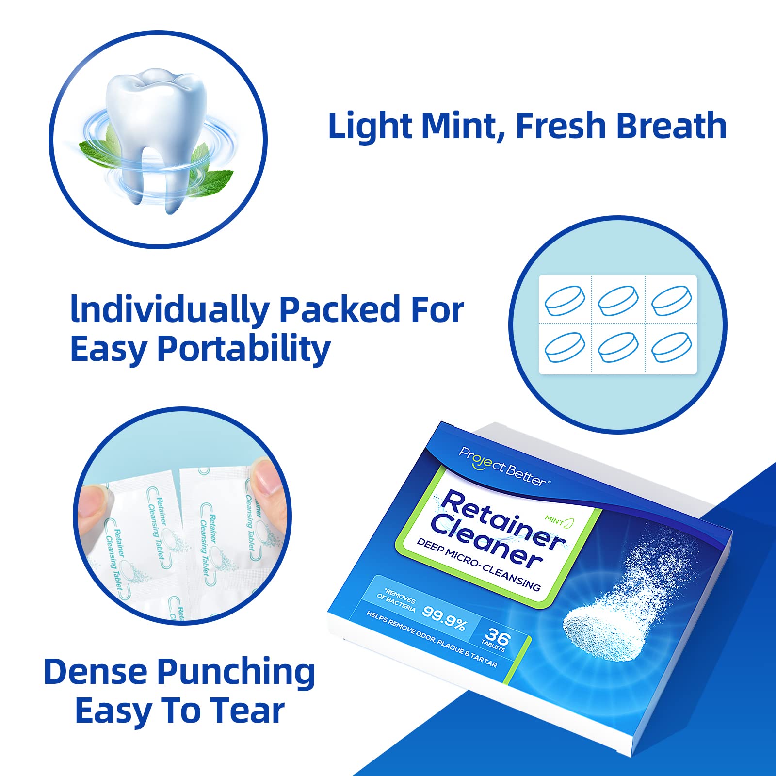 Close-up of dissolving tablet in water for cleaning dentures and retainers.