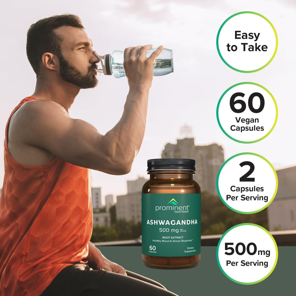 US-made Prominent Ashwagandha supplement bottle on white background